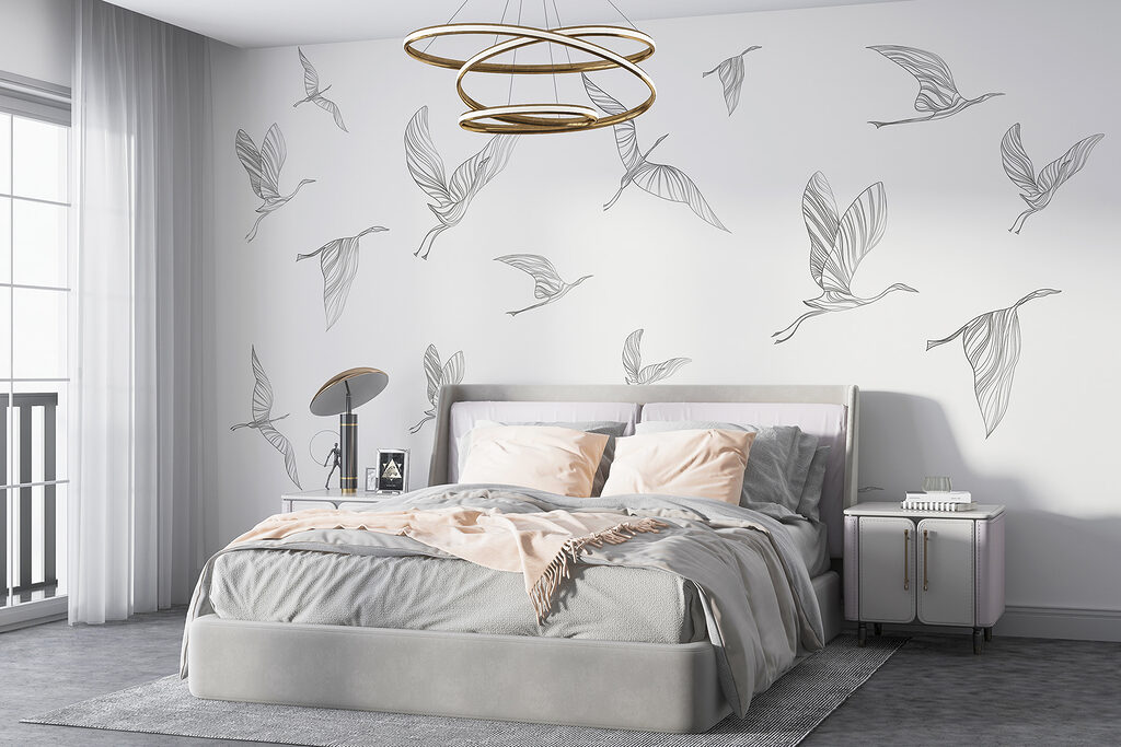 Een groep vliegende vogels in een interieur