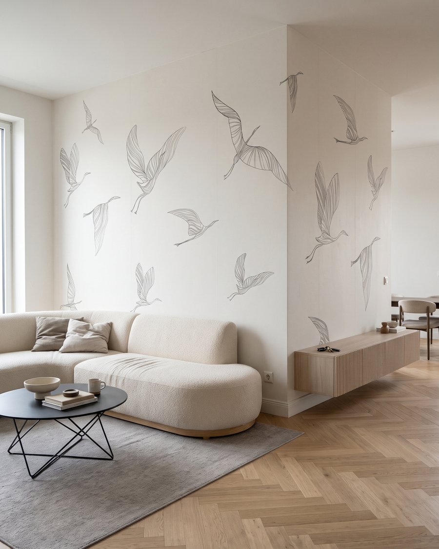 Kraanvogels in fijne lijnen in een interieur