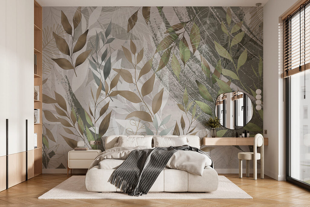 Door de natuur geïnspireerd bladmotief in verschillende tinten in een interieur