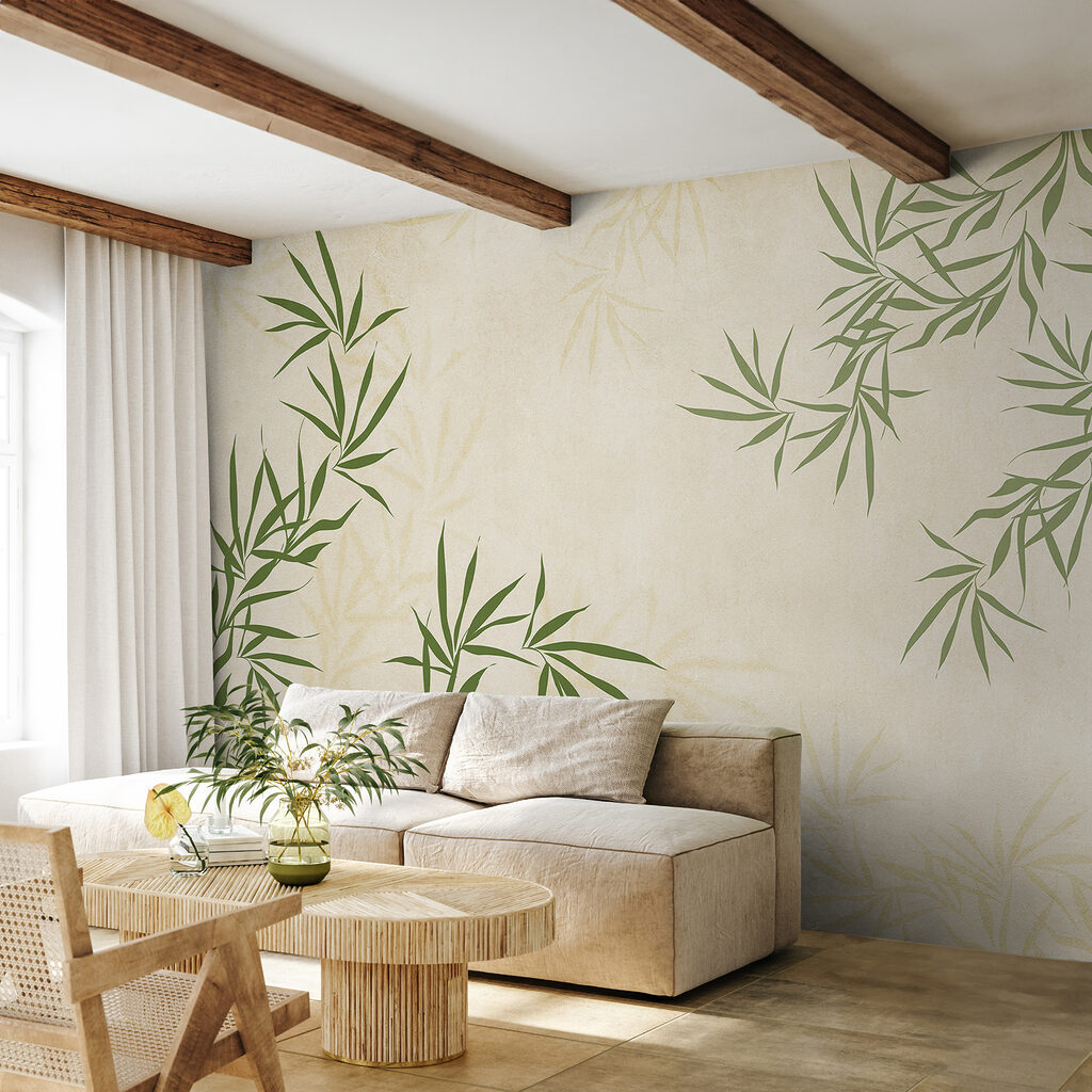 Een groen blad op een witte achtergrond in een interieur