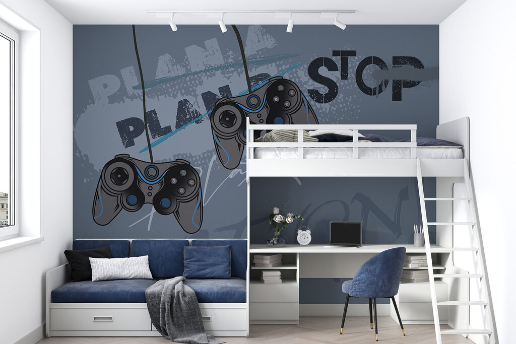 Een videogamecontroller van een snoer in een interieur