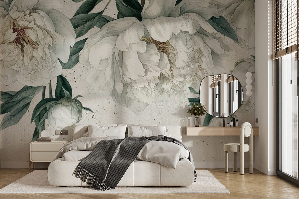 Witte pioenen, donkere bladeren — interieur 1