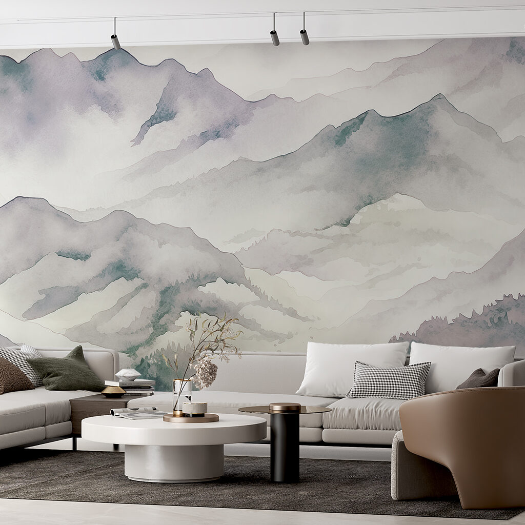 Een aquarelschilderij van bergen in een interieur