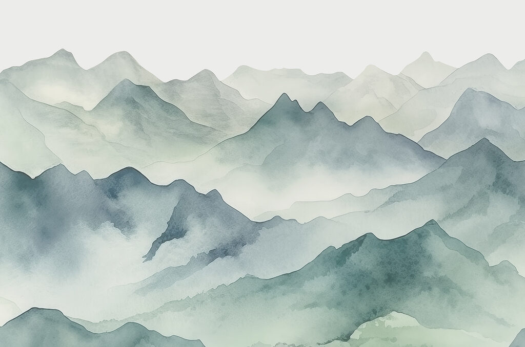 Een aquarel van bergen en mist — volledig ontwerp