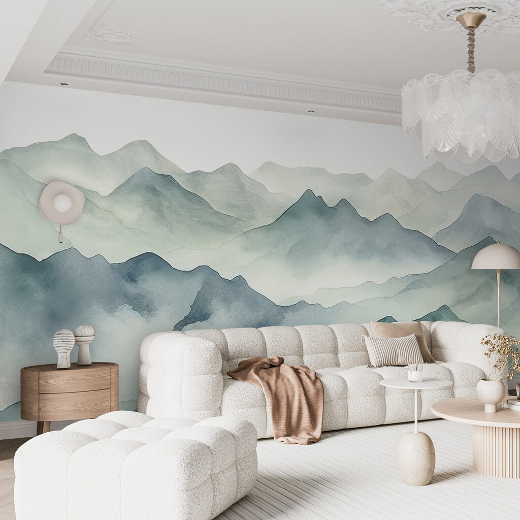 Een aquarel van bergen en mist — interieur 1