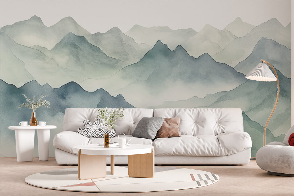 Een aquarel van bergen en mist — interieur 2