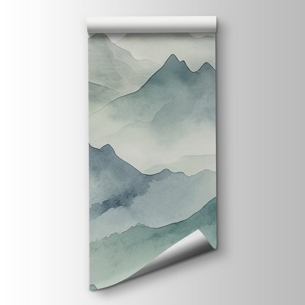Een aquarel van bergen en mist — productweergave