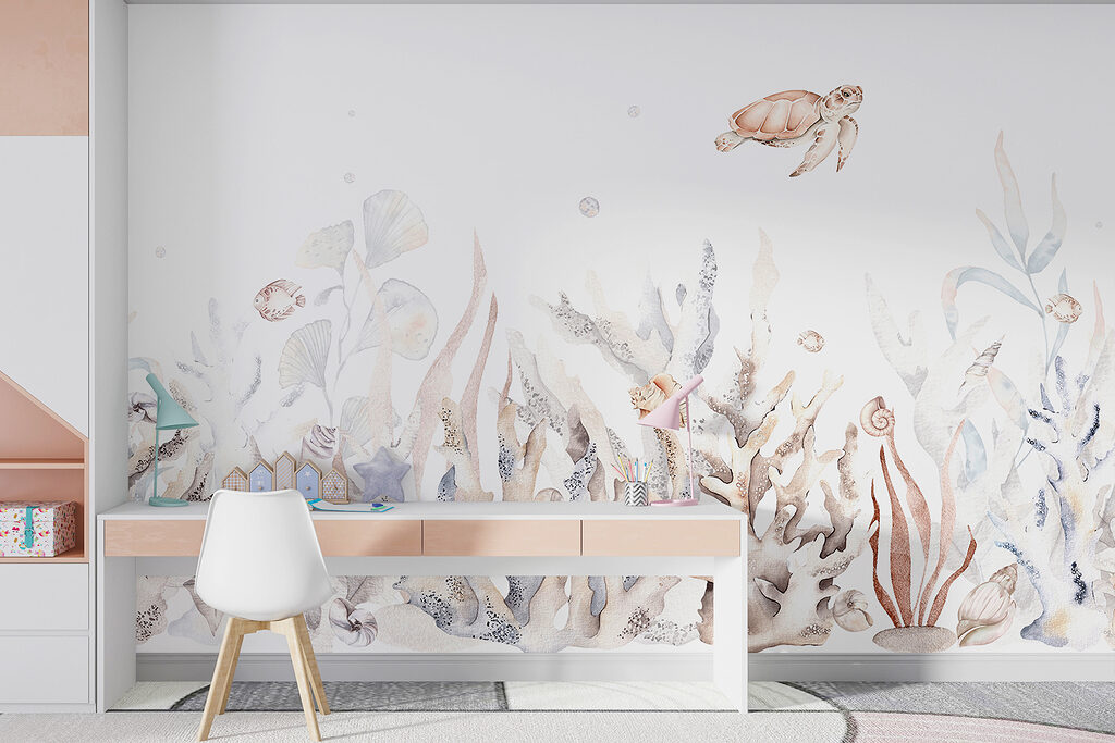 Een zeewier en wieren op een witte achtergrond in een interieur