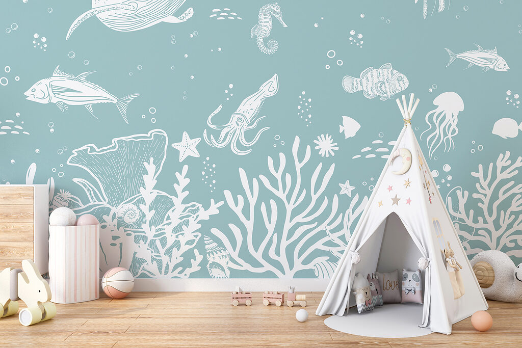 Witte zeewezens op grijsgroen — interieur 2
