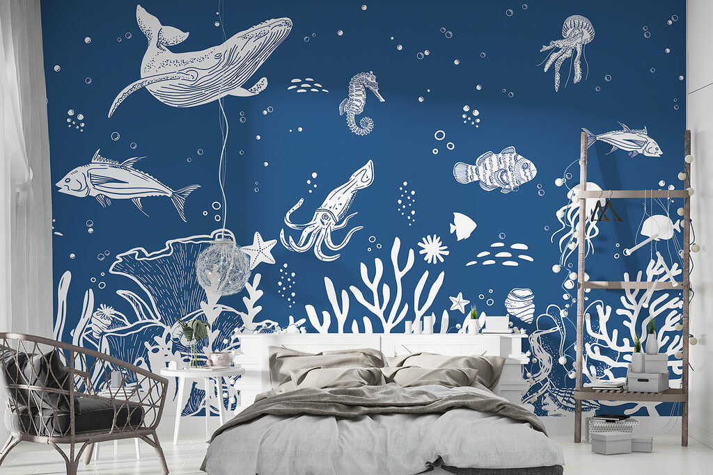 Een witte omtrek van zeedieren in een interieur