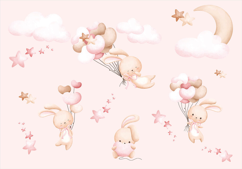 Konijntjes met roze ballonnen — volledig ontwerp