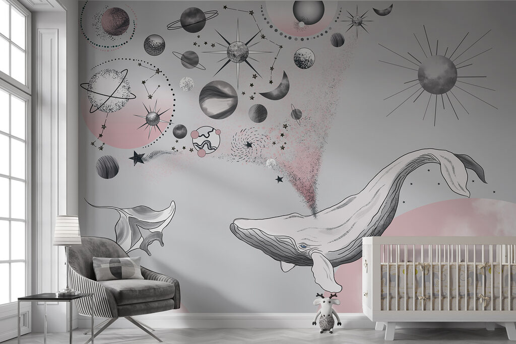 Een walvis met planeten en sterren in een interieur