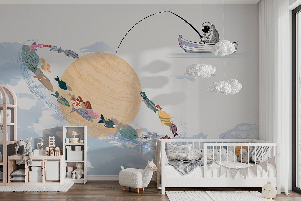 Cartoon van een planeet met vissen erin in een interieur