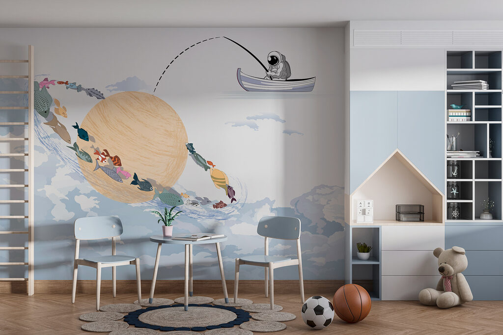 Cartoon van een planeet met vissen erin — interieur 3
