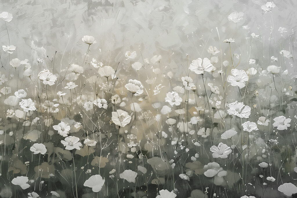 Fijne witte bloesems tegen een zachte achtergrond — volledig ontwerp