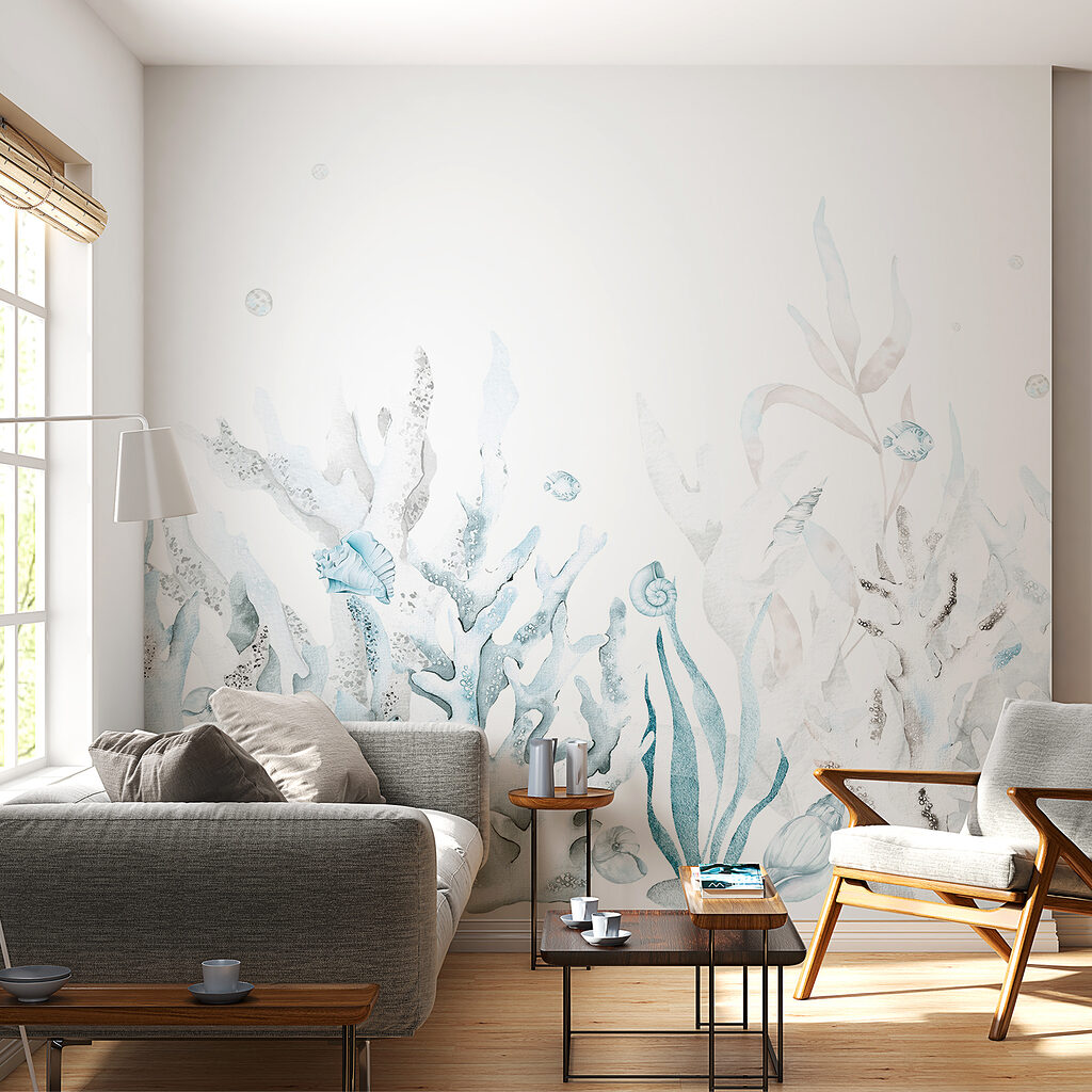 Een aquarel van zeewier en schelpen in een interieur