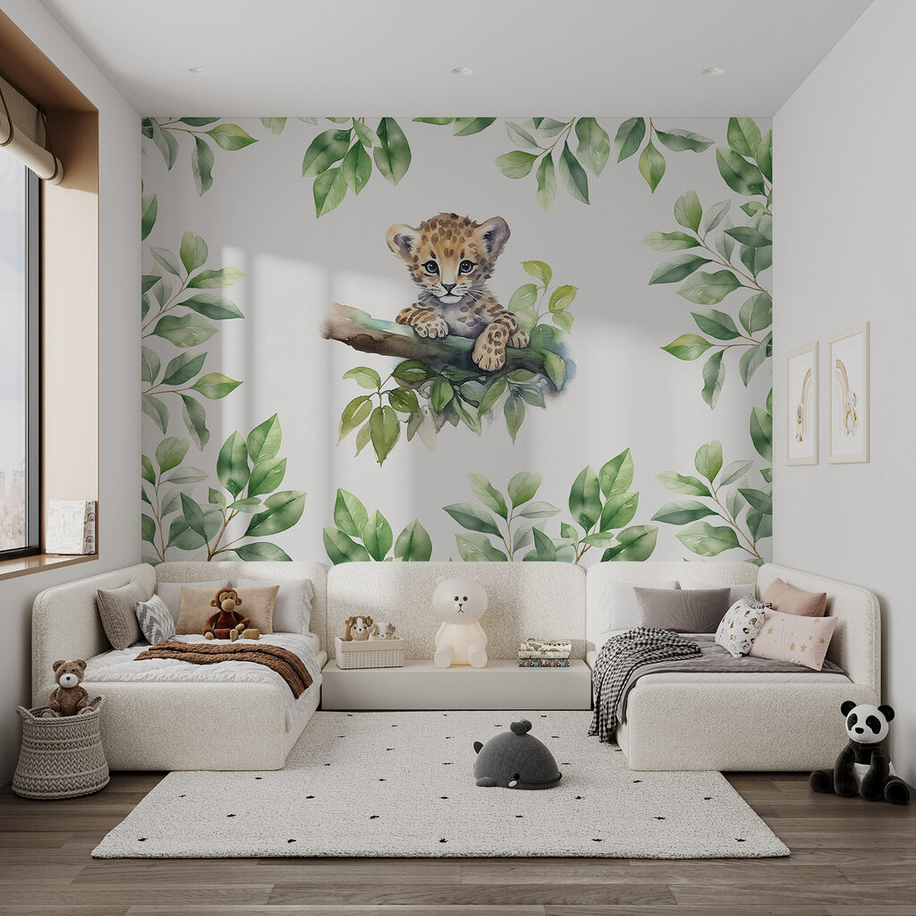 Een aquarel van een babyluipaard op een boomtak in een interieur