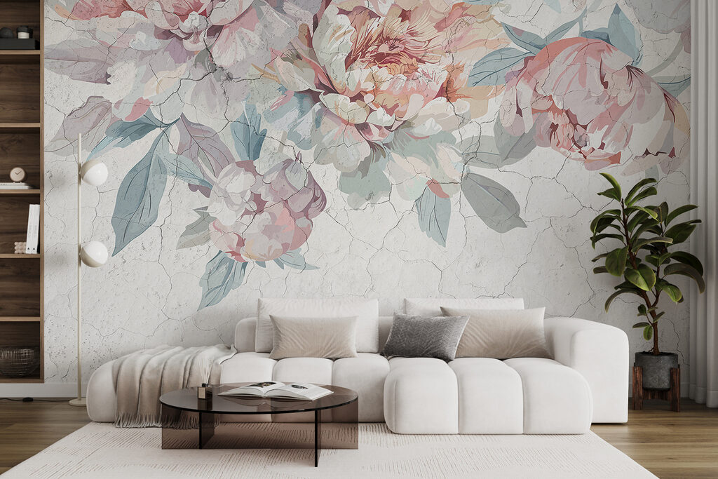Pastelpioenen boven gebarsten verf — interieur 3