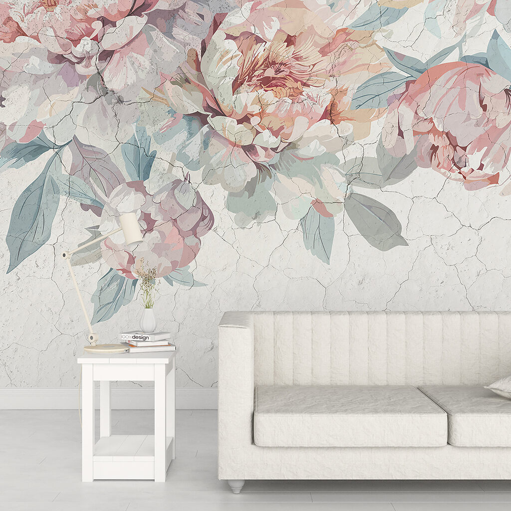 Pastelpioenen boven gebarsten verf — interieur 4