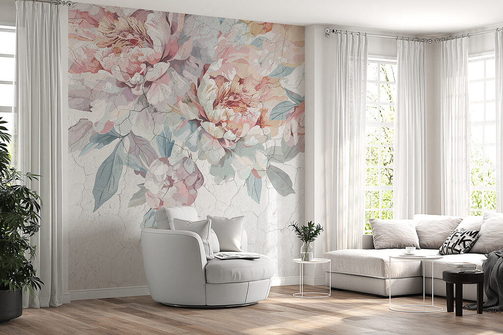 Pastelpioenen boven gebarsten verf — interieur 5