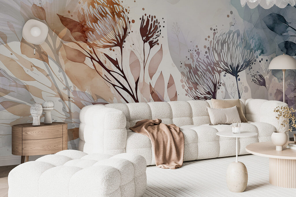 Bladstelen tussen zachte aquarelvlekken — interieur 5