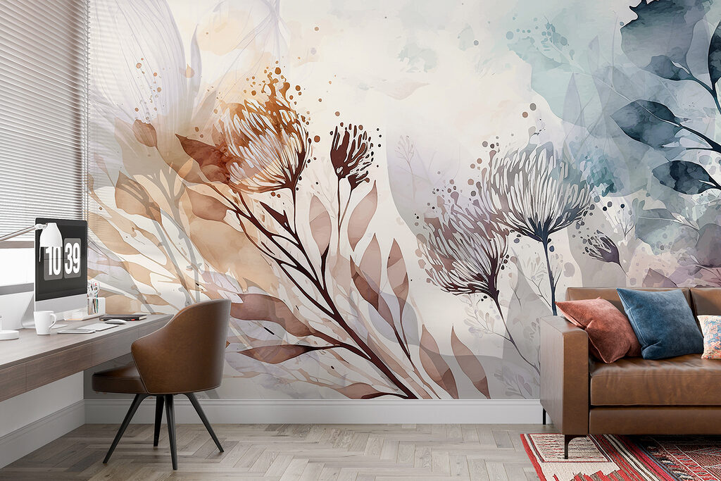 Bladstelen tussen zachte aquarelvlekken — interieur 3