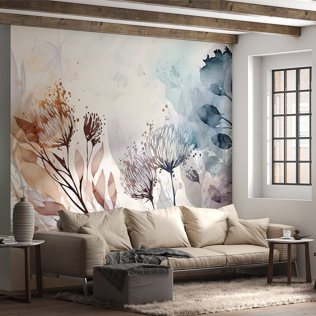 Bladstelen tussen zachte aquarelvlekken — interieur 1