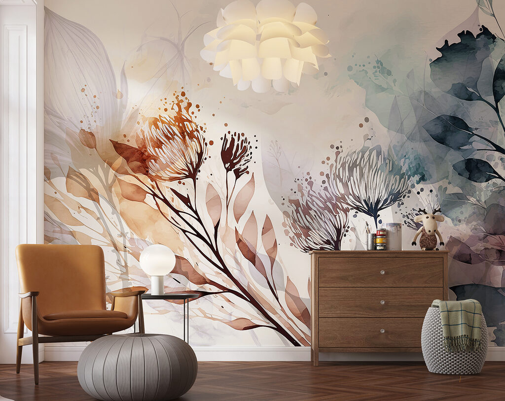 Bladstelen tussen zachte aquarelvlekken — interieur 4