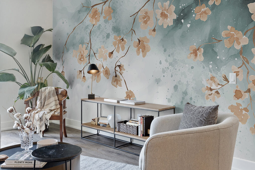 Abrikooskleurige bloesem op ijsblauw — interieur 4