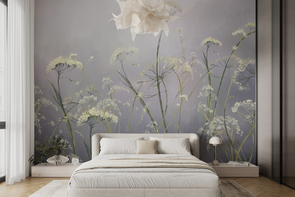 Witte schermbloemen op lila — interieur 1