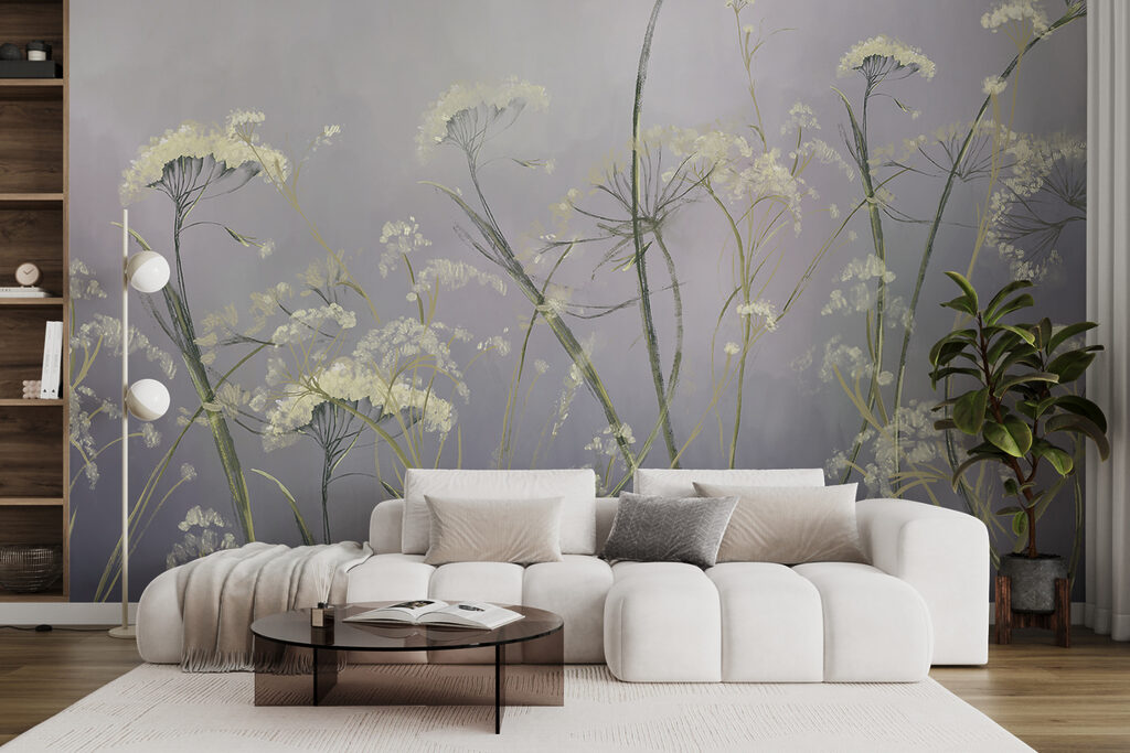 Witte schermbloemen op lila — interieur 6