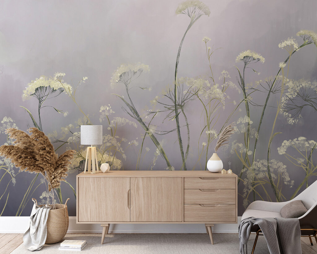 Witte schermbloemen op lila — interieur 4