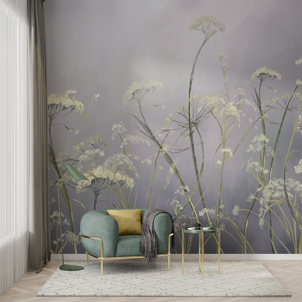 Witte schermbloemen op lila — interieur 5