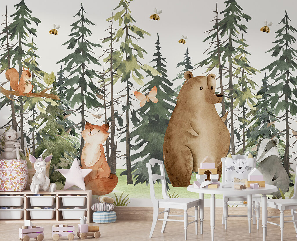 Een groep dieren in het bos in een interieur