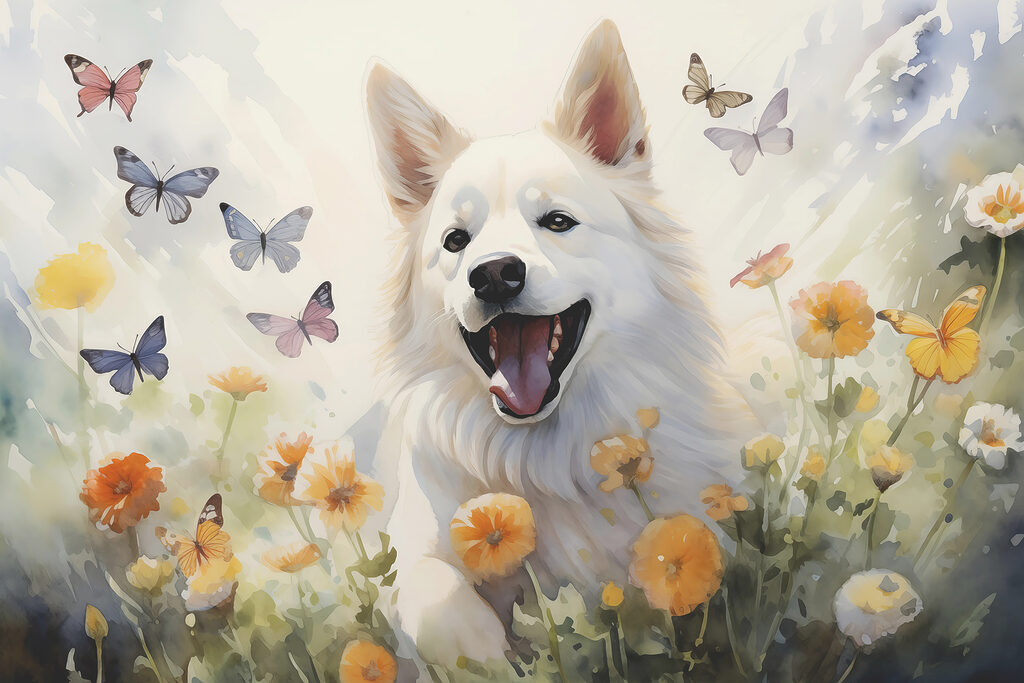 Witte hond tussen vlinders — volledig ontwerp