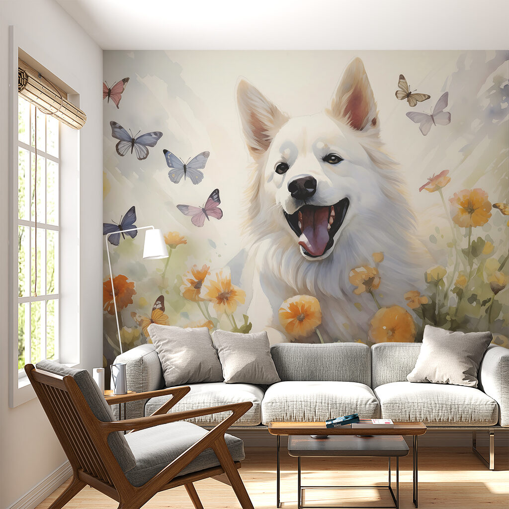 Witte hond tussen vlinders — interieur 1
