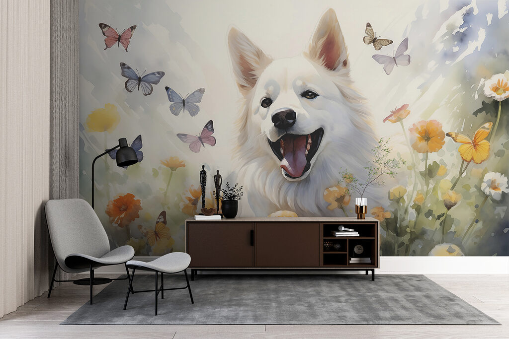 Witte hond tussen vlinders — interieur 2