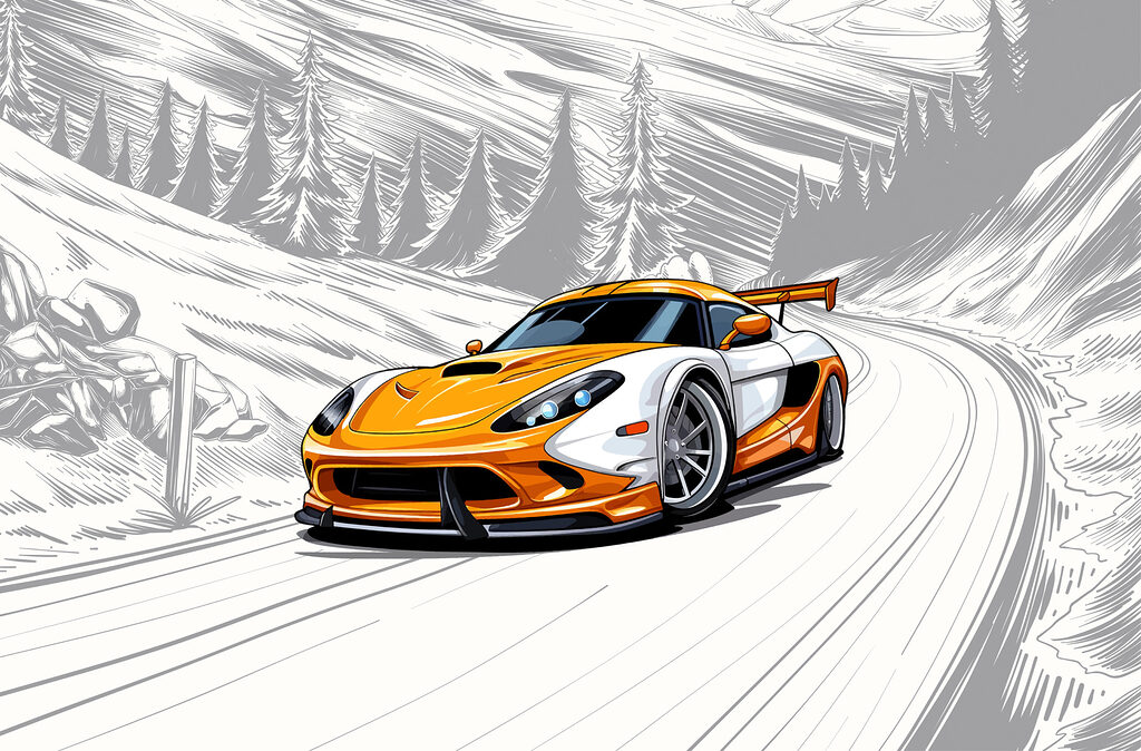 Oranje sportauto in bocht — volledig ontwerp