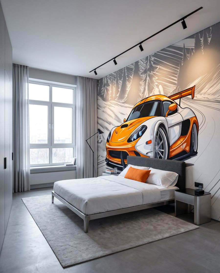 Oranje sportauto in bocht in een interieur