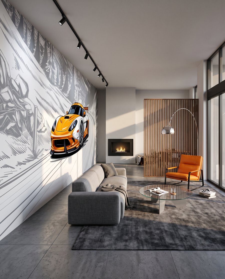 Oranje sportauto in bocht in een interieur