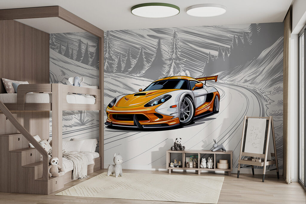 Oranje sportauto in bocht — interieur 2