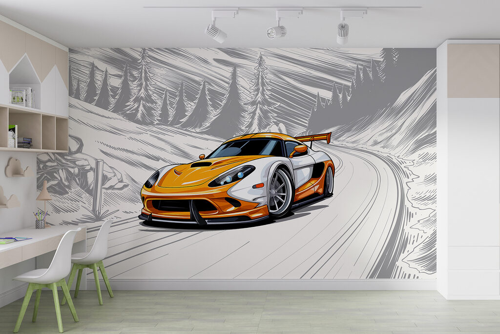 Oranje sportauto in bocht — interieur 3