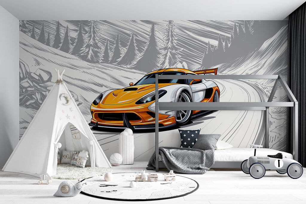 Oranje sportauto in bocht — interieur 5