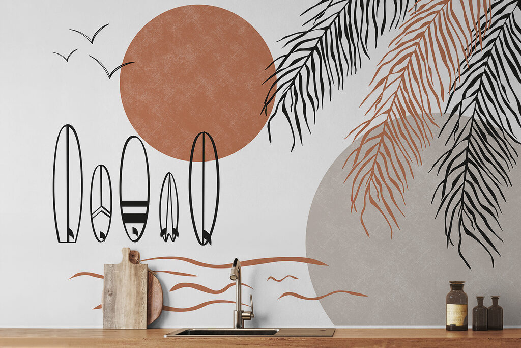 Surfplanken onder een terracottazon — interieur 1