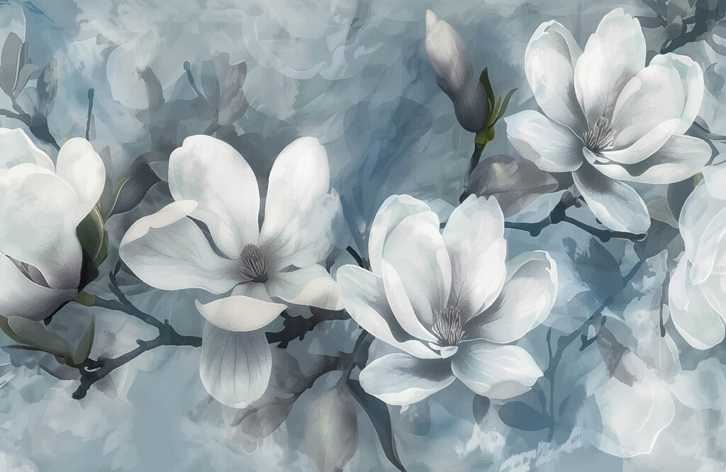Witte magnolia op blauwtinten — volledig ontwerp