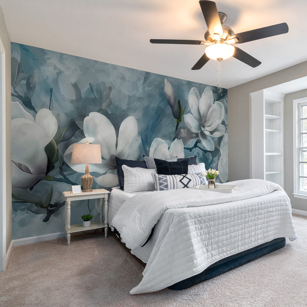 Witte magnolia op blauwtinten — interieur 1