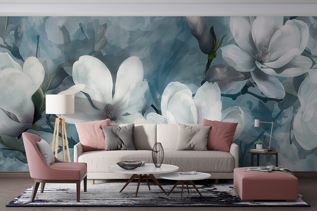 Witte magnolia op blauwtinten — interieur 2