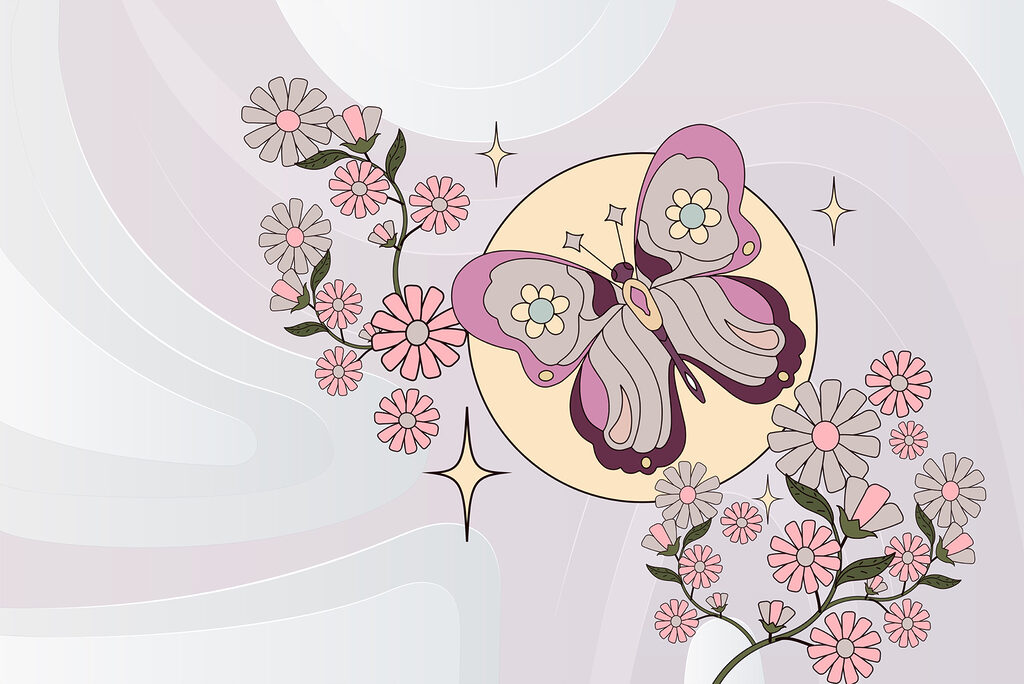 Vlinder boven roze bloemen — volledig ontwerp