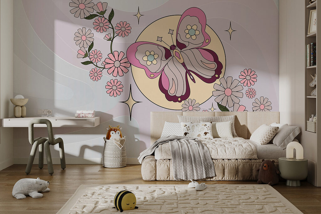 Vlinder boven roze bloemen — interieur 1