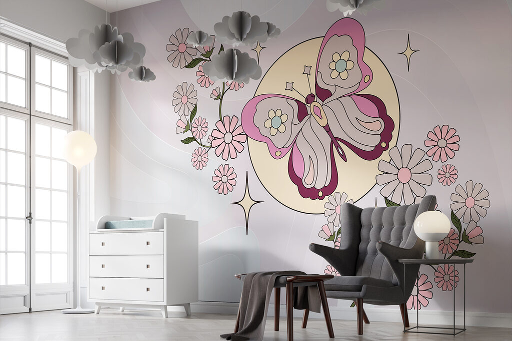 Vlinder boven roze bloemen — interieur 2